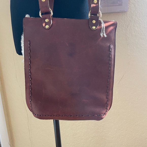 Genuine Leather Brown Crossbody Satchel Bag with Shearling Fur Trim - Picture 7 of 10
